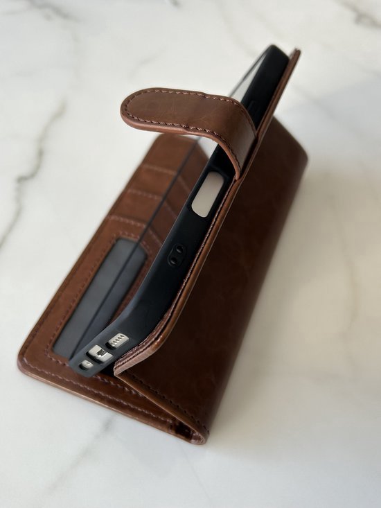 Étui portefeuille en similicuir PU pour iPhone 16 - Qualité Premium - Avec emplacements pour cartes - Marron