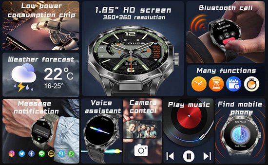 Grijze smartwatch met zilveren band, getoond met functies zoals weer, bellen en muziek. Scherm met jeeps op de achtergrond.