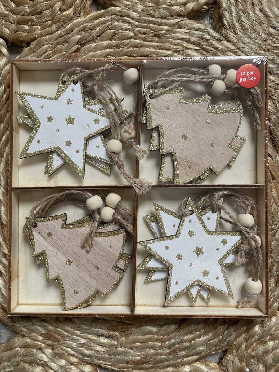 Houten Kerst hangers - Kerststdecoratie - kerstboomversiering - Christmas - Ster - Sterren - Kerstboom Boom - Naturel - Glitter Goud | Decoratie - Hanger - Ornamenten Versiering - Kerst tak - Feestdagen | Peuterspeelzaal - School - DH collection