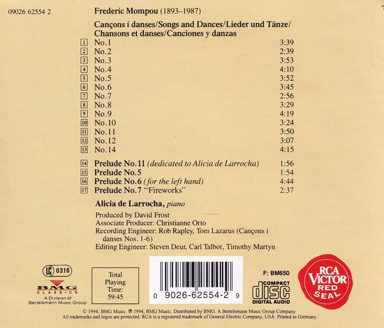 Achterkant van de cd 'Cançons i danses/Songs and Dances/Lieder und Tänze/Chansons et danses/Canciones y danzas' met tracklist en details.
