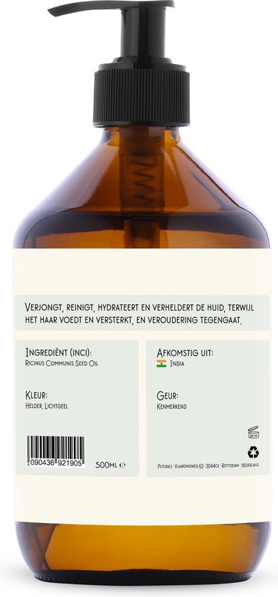 Achterkant van een bruine glazen fles met pomp. Tekst op het label: 'INGREDIENT (INCI): Ricinus Communis Seed Oil', 'AFKOMSTIG UIT: India', 'KLEUR: Helder, lichtgeel', 'GEUR: Kenmerkend'.