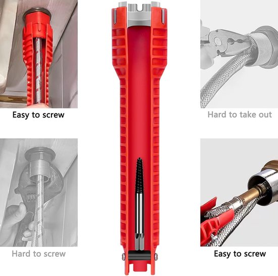 wc bril en kraan moersleutel - multi 5 in 1 tool - kraan gereedschap - kraan sleutel - rood - Dubbele kopsleutel - voor toilet, badkamer, keuken