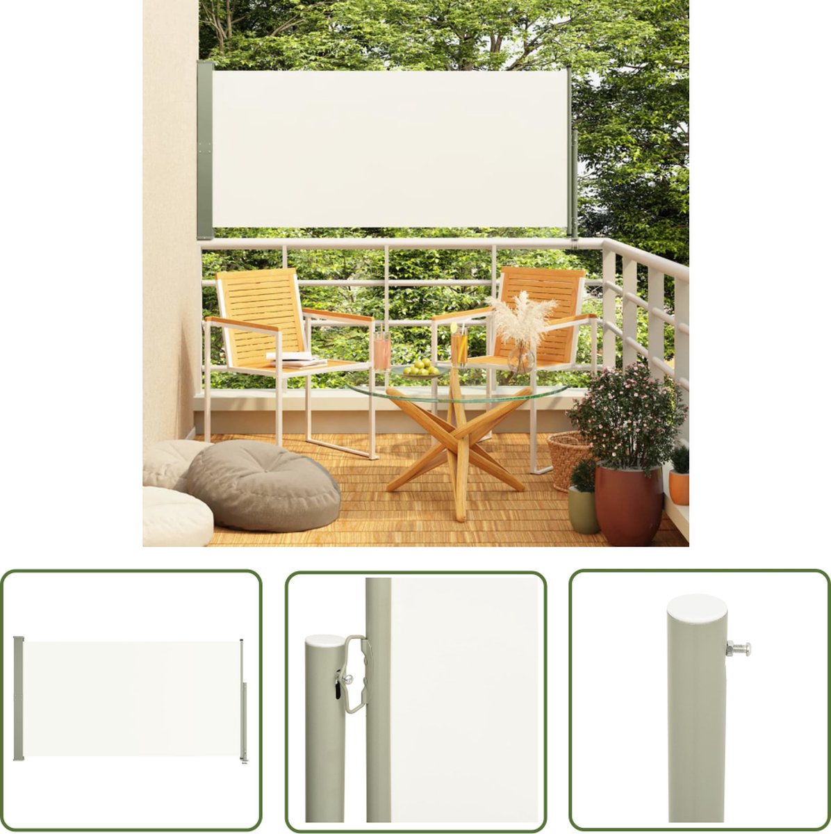 Retractable cream-colored outdoor side screen measuring 160x300 cm by The Living Store.