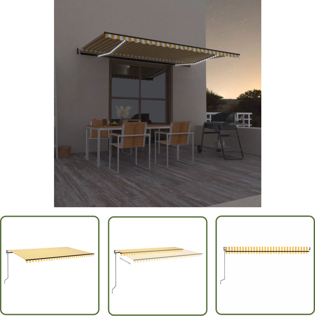Automatic retractable yellow and white parasol with LED and wind sensor, 500x350 cm, aluminum frame, perfect for outdoor use.