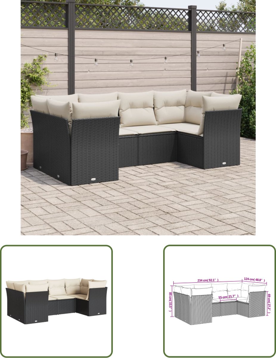 The Living Store 6-delige Loungeset met kussens poly rattan zwart - Loungeset - Lounge Set - Tuinset - Buis Meubels - Outdoor Furniture