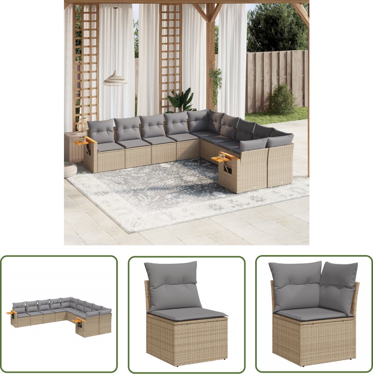 The Living Store 10-delige Loungeset met kussens poly rattan beige - Tuinlounge - Lounge Set - Buitendecoratie - Tuinset - Outdoor Furniture