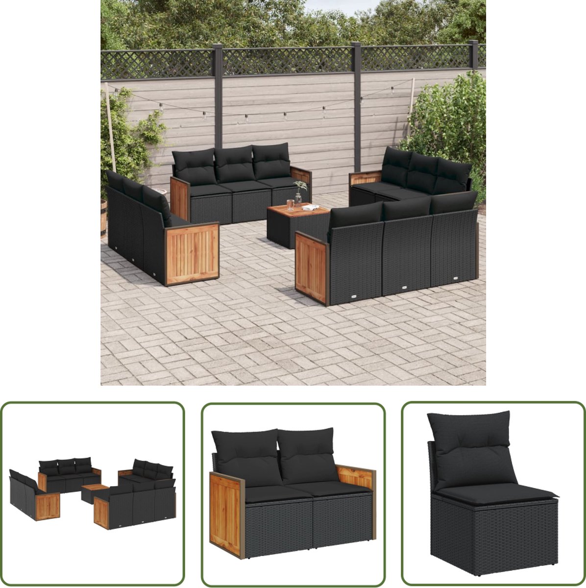 The Living Store 13-delige Loungeset met kussens poly rattan zwart - Loungebank - Loungeset - Buitendecoratie - Tuinlounge - Outdoor Furniture