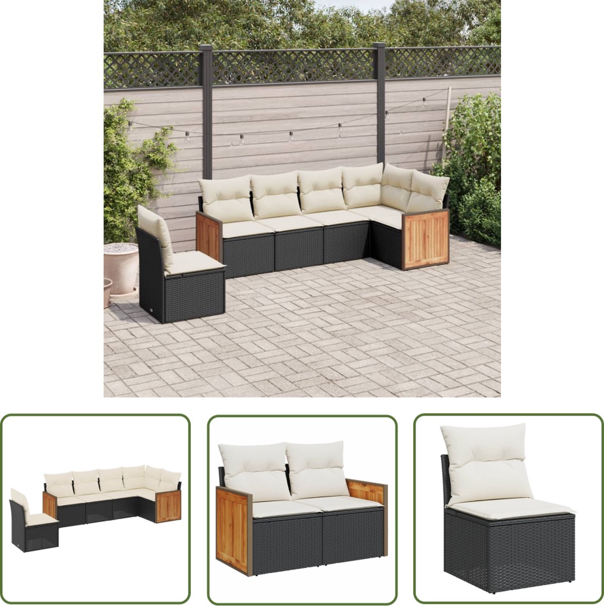 Zwart poly rattan loungeset met kussens voor tuin en terras.