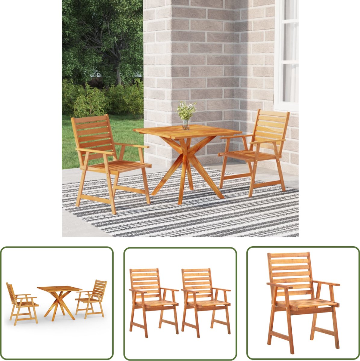 Massief acaciahouten tuinset: tafel, stoelen en loungestoel van The Living Store