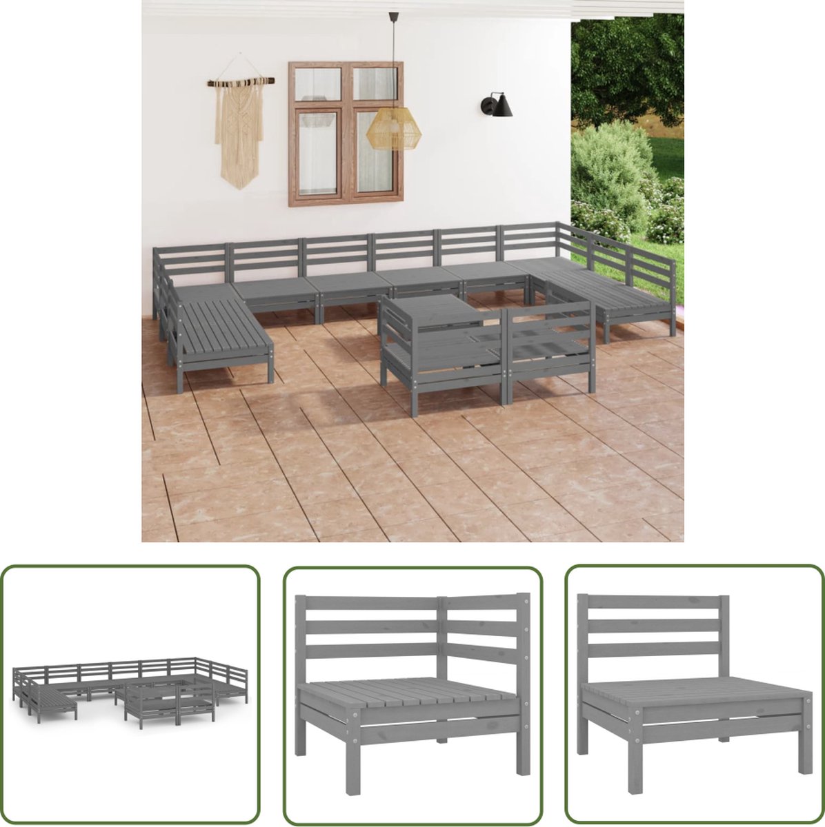 Loungeset van massief grenenhout in grijs met buis stoffering.
