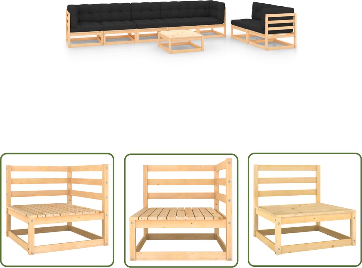 The Living Store 8-delige Loungeset met kussens massief grenenhout - Tuinstoel - Lounge Set - Buitentijnen - Houten Bank - Loungebank