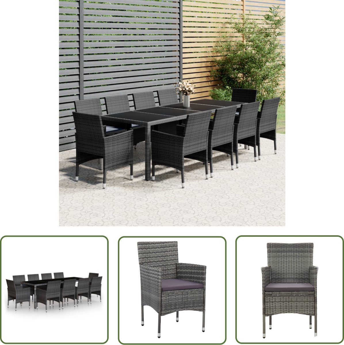 Grijze poly rattan tuinset met tafel en buisstoelen - The Living Store.