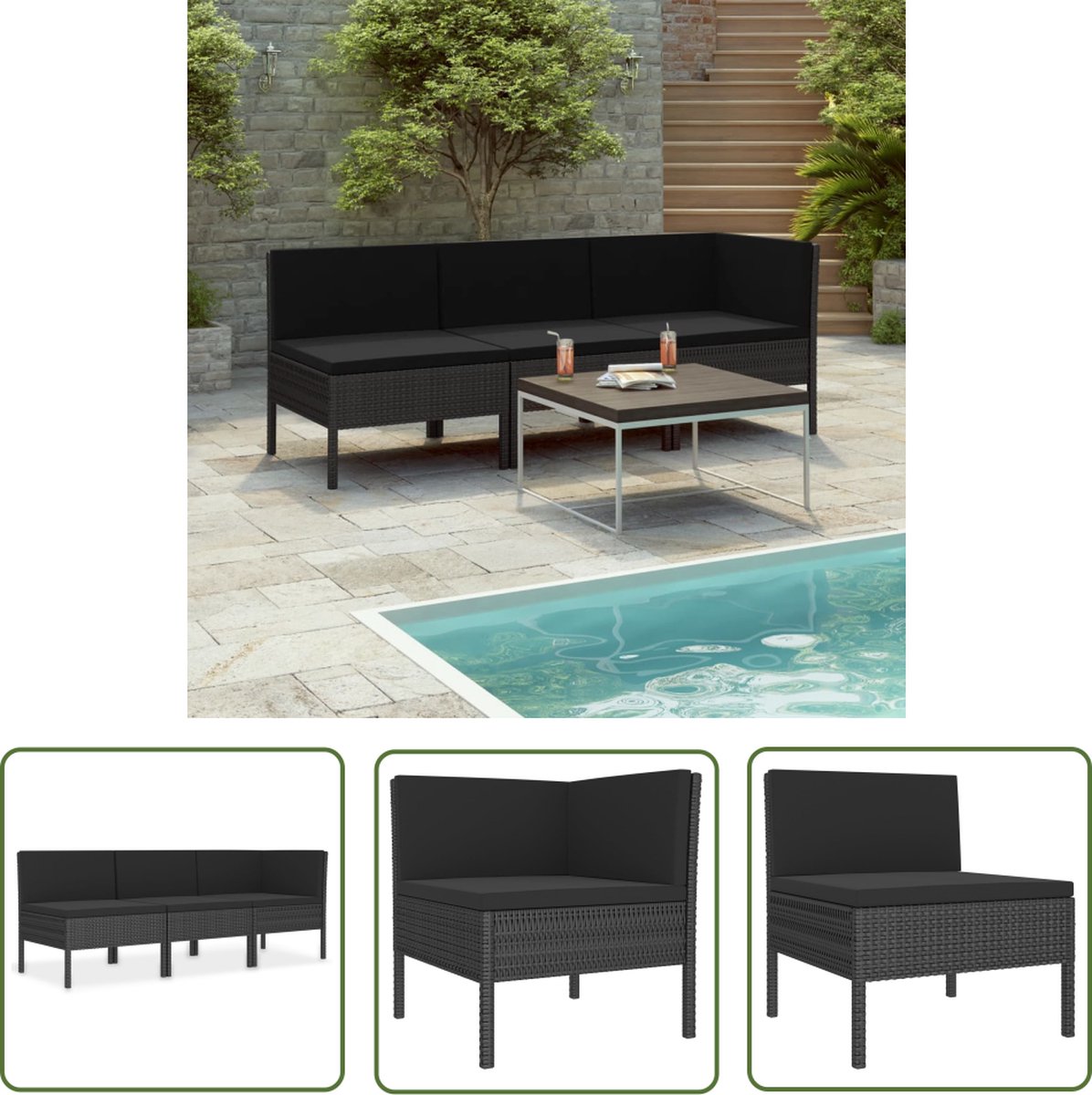 The Living Store 3-delige Loungeset met kussens poly rattan zwart - Loungeset - Tuinset - Loungebank - Buitendiner - Tuinmeubels