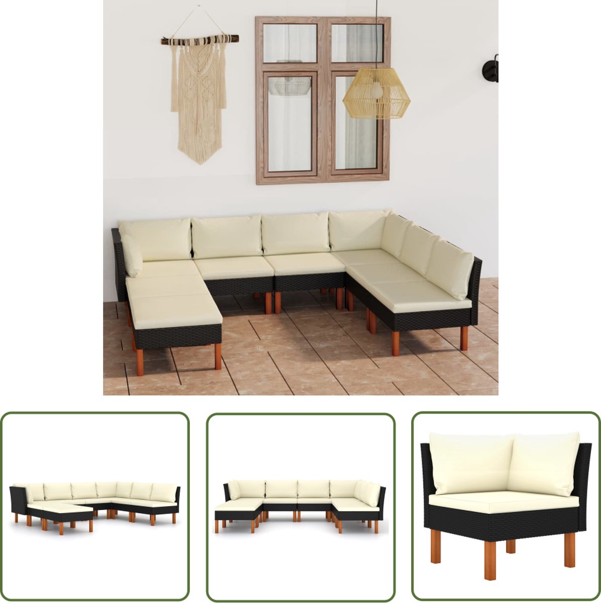 Zwarte poly rattan loungeset met kussens voor buiten - The Living Store.