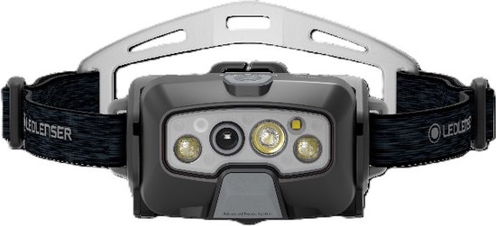 Ledlenser hoofdlamp met grijs/zwart bandje, grijs/zwarte behuizing en 4 lampjes aan de voorkant.