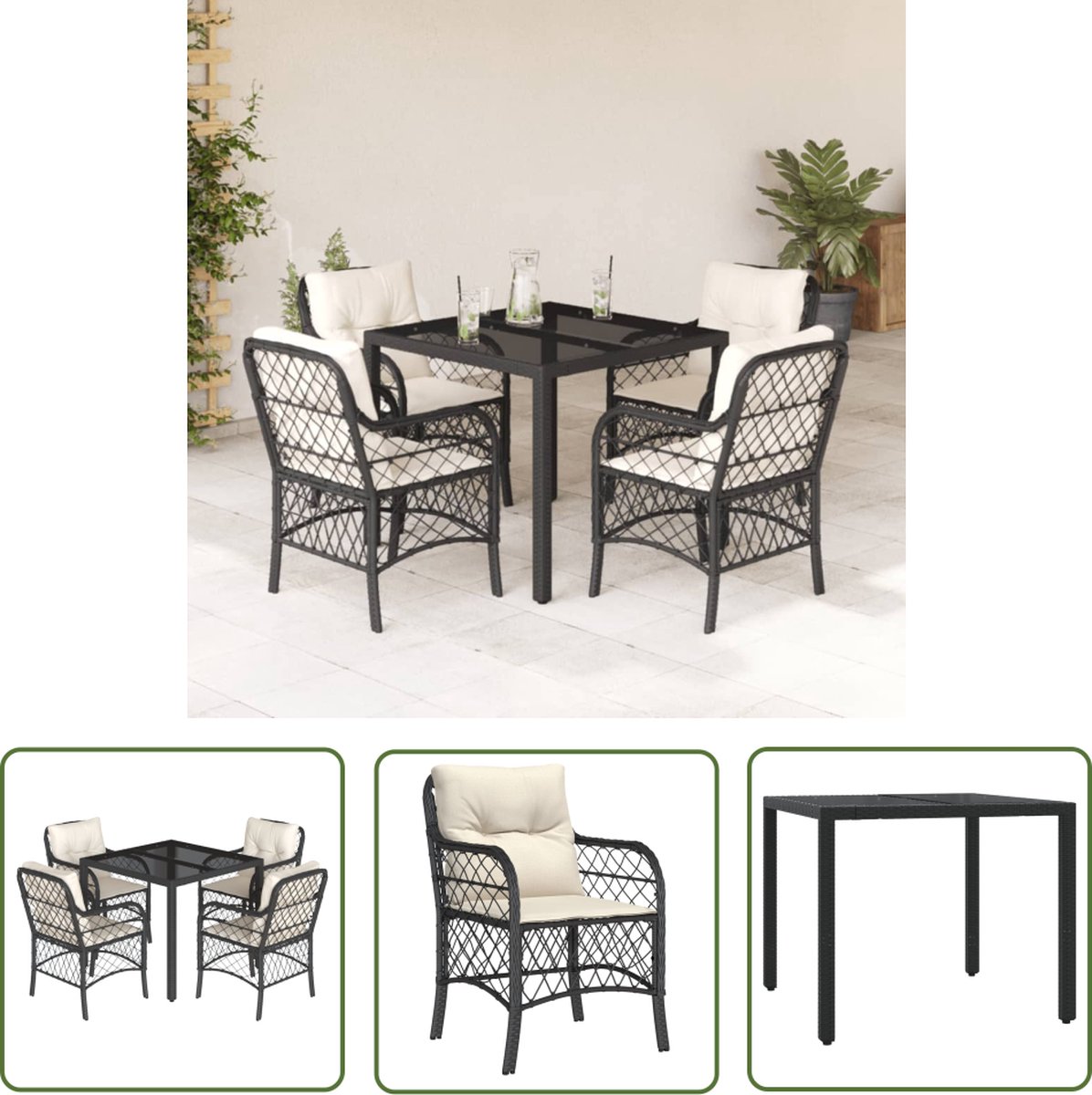 The Living Store 5-delige Tuinset met kussens poly rattan zwart - Tuinstoel - Buitenstektafel - Lounge Set - Poly Ratan - Zwarte Tuinbank