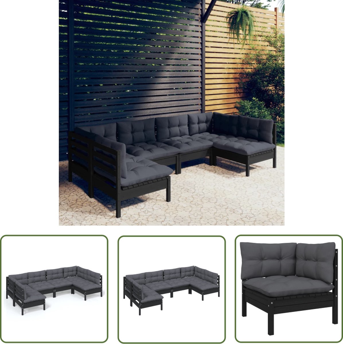 The Living Store 6-delige Loungeset met kussens massief grenenhout zwart - Loungeset - Tuinset - Houten Lounge - Buitendecor - Tuinlounge