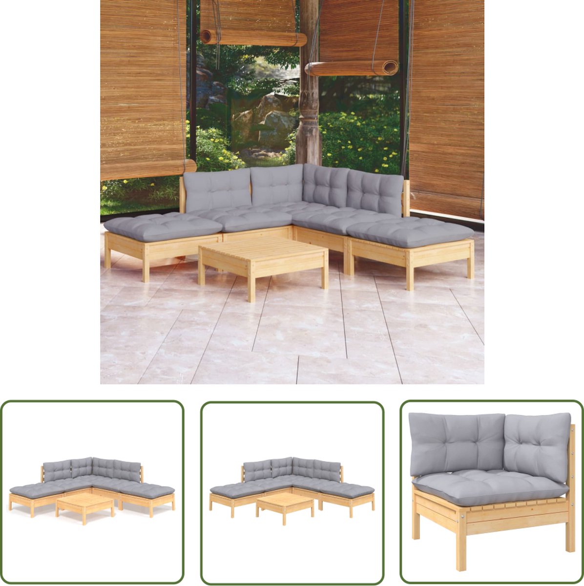 The Living Store 6-delige Loungeset met grijze kussens grenenhout - Loungestoel - Tuinset - Lounge Bank - Buitendiner - Hout Meubel