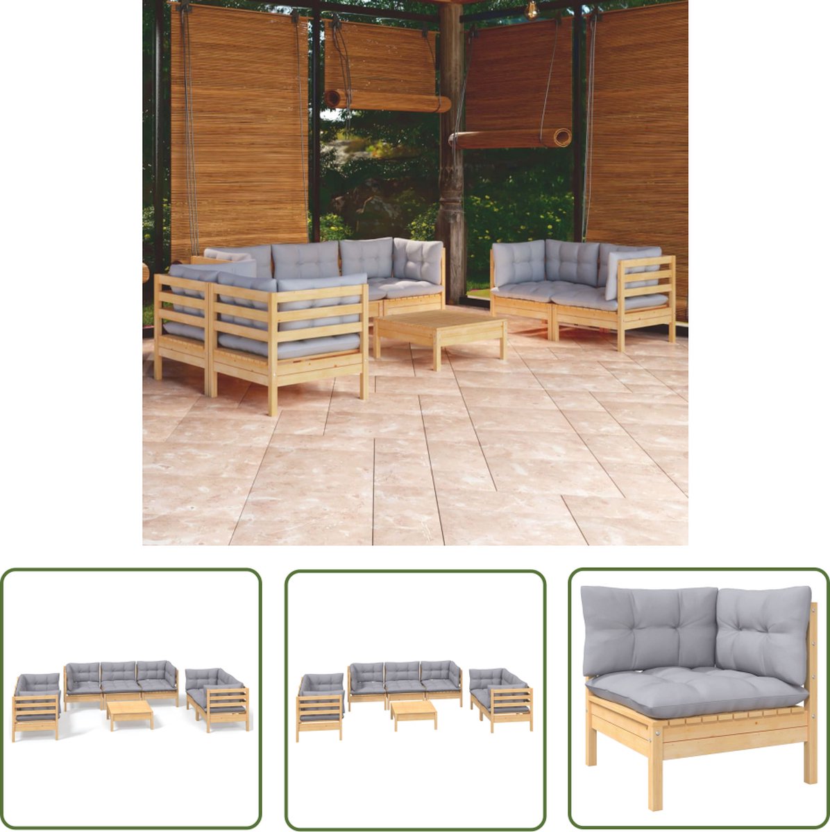 The Living Store 8-delige Loungeset met grijze kussens grenenhout - Tuinstoel - Lounge Set - Buitendecoratie - Houten Bank - Loungestoel