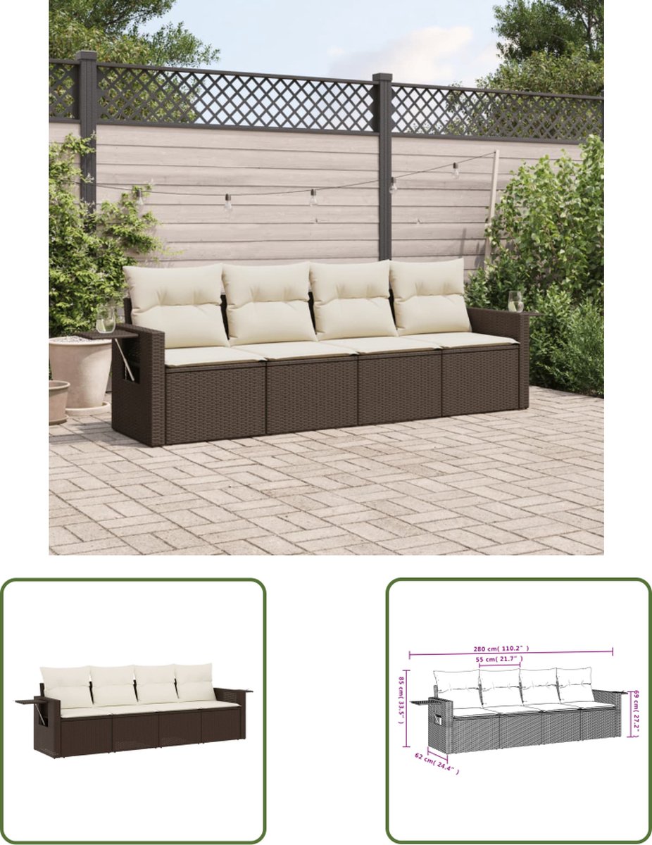 The Living Store 4-delige Loungeset met kussens poly rattan bruin - Loungeset - Tuinset - Lounge Set - Tuinbank - Buitentijdbank
