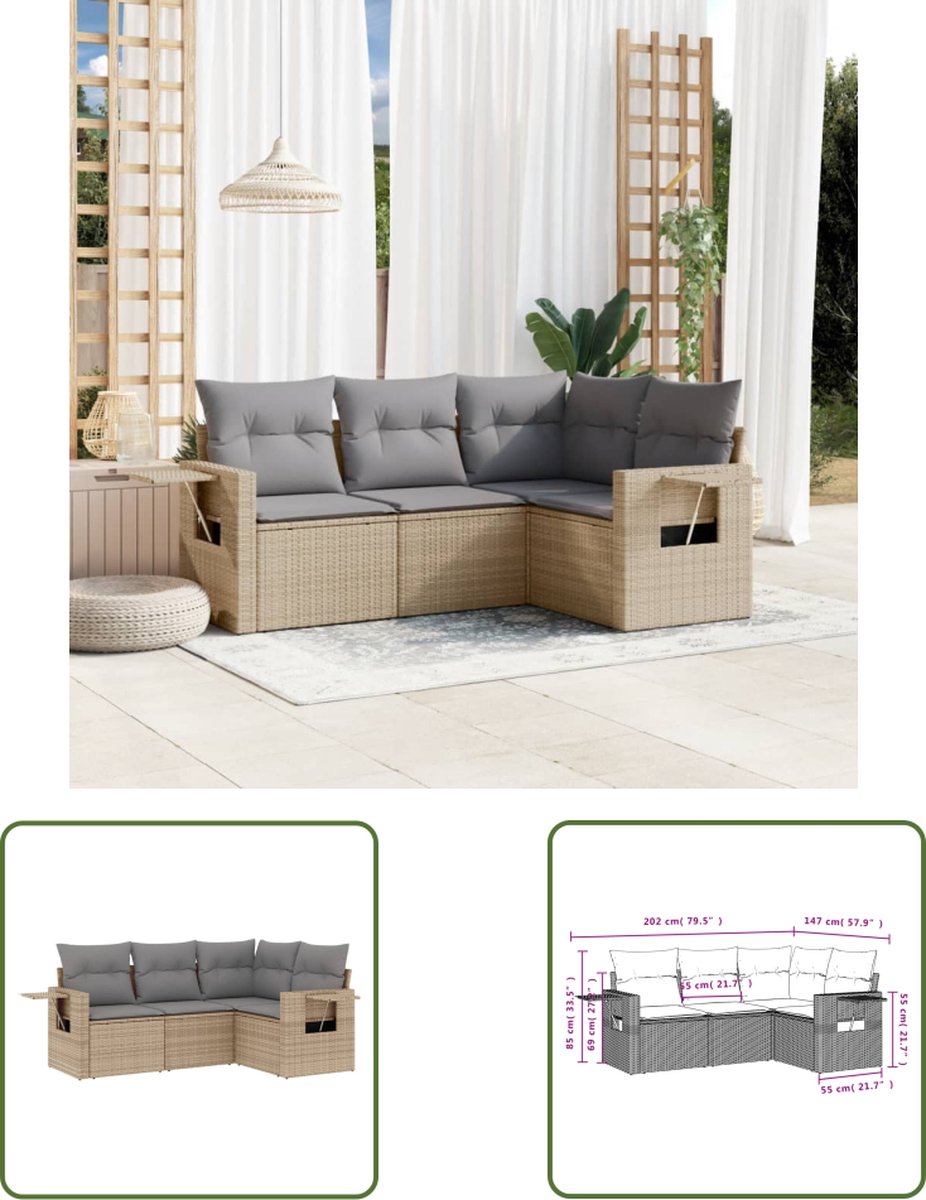 The Living Store 4-delige Loungeset met kussens poly rattan beige - Loungeset - Tuinset - Lounge Set - PE Rattan - Buitendecoratie