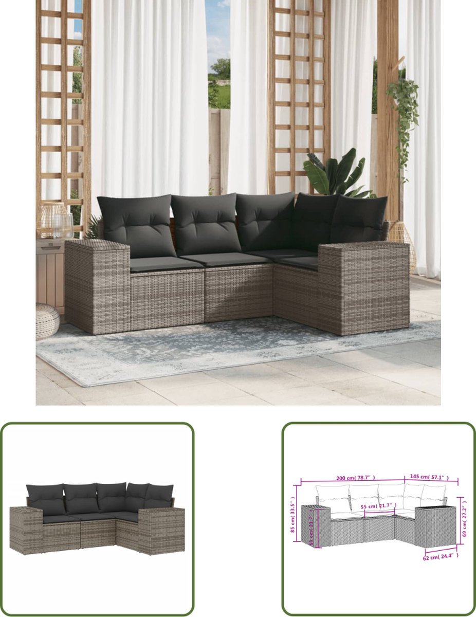 The Living Store 4-delige Loungeset met kussens poly rattan grijs - Loungebank - Lounge Set - Tuinset - Buitendecoratie - Tuinbank