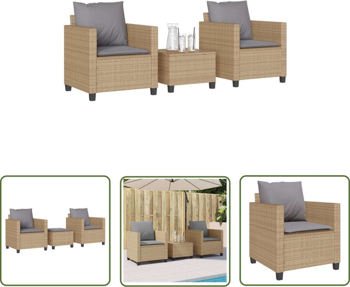 The Living Store 3-delige Bistroset met kussens poly rattan beige - Bistroset - Tuinmeubels - Buis Meubel - Lounge Set - Outdoor Furniture