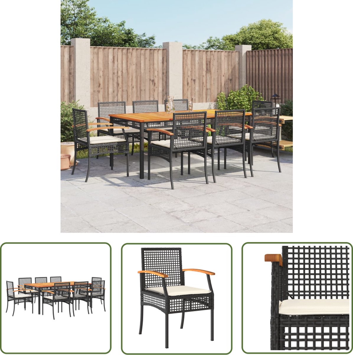 The Living Store 9-delige Tuinset poly rattan zwart - Tuinset - Buitendecoratie - Lounge Set - Bistro Set - Patio Set