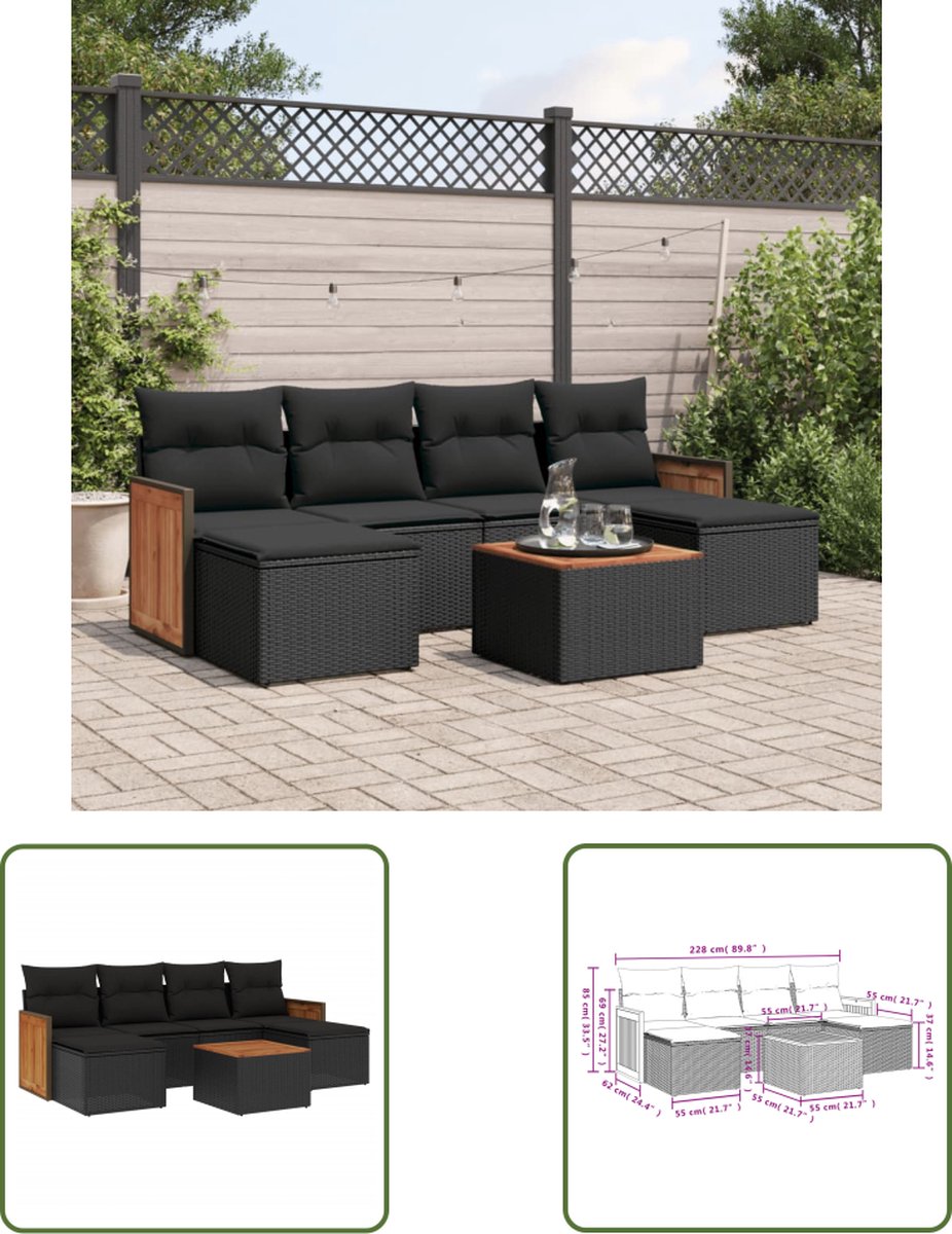 The Living Store 7-delige Loungeset met kussens poly rattan zwart - Loungeset - Tuinlounge - Lounge Set - Buitendining - Outdoor Furniture