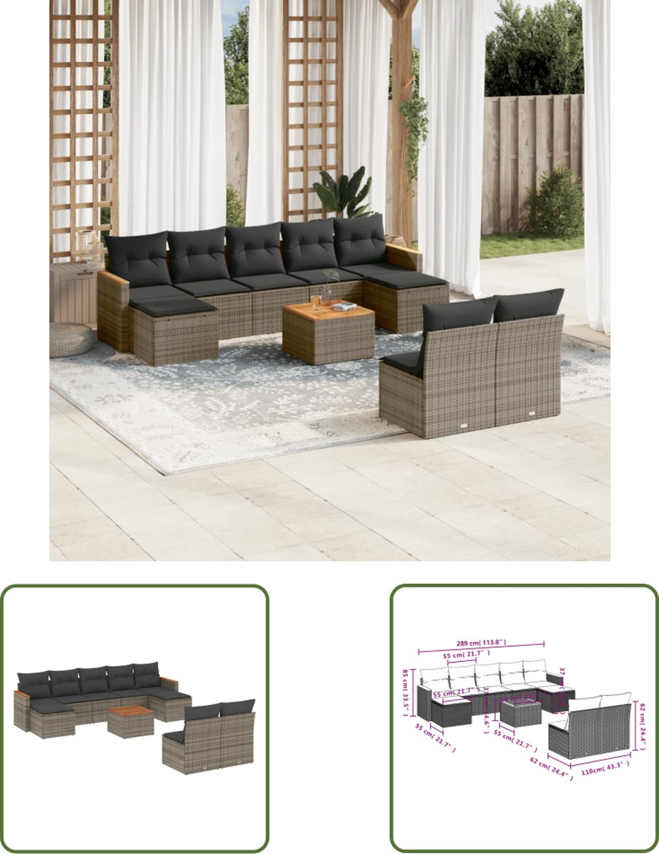 The Living Store 10-delige Loungeset met kussens poly rattan grijs - Loungebank - Lounge Set - Tuinlounge - Buitendining - Outdoor Furniture