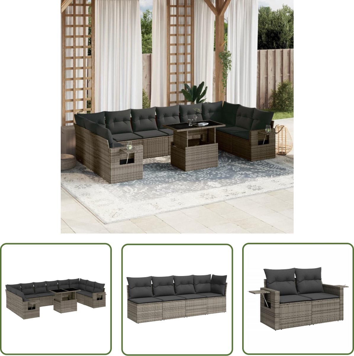 The Living Store 11-delige Loungeset met kussens poly rattan grijs - Loungebank - Lounge Set - Buitendecoratie - Tuinmeubelen - Outdoor Furniture