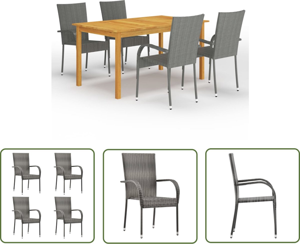 The Living Store 5-delige Tuinset grijs - Tuinstoel - Eettafel - Acacia Hout - Buitendineren - Lounge Set