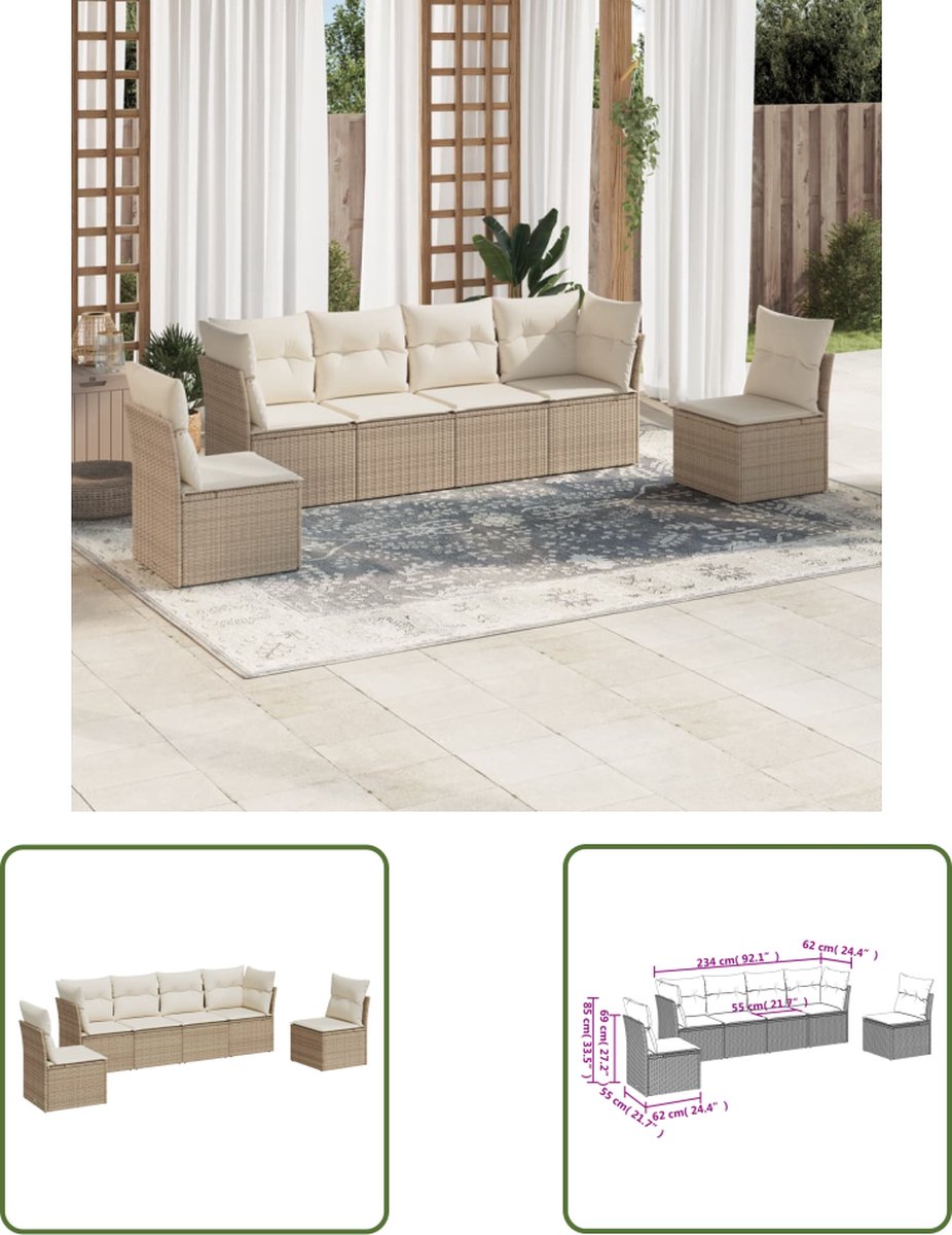 The Living Store 6-delige Loungeset met kussens poly rattan beige - Loungeset - Tuinset - Lounge Set - Tuinmeubels - Buitendecoratie