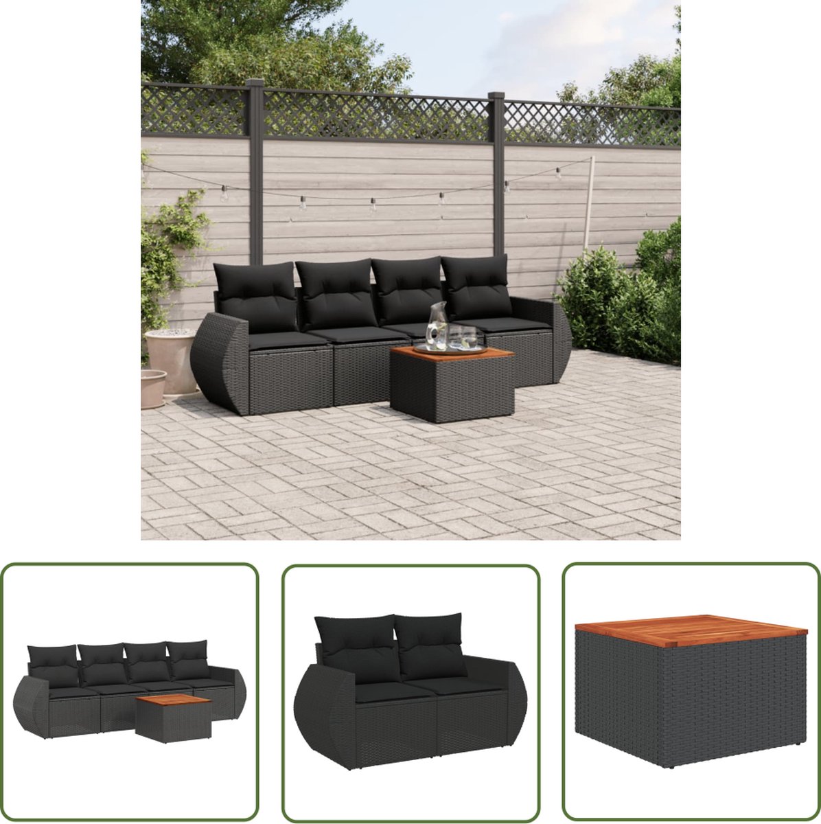 The Living Store 5-delige Loungeset met kussens poly rattan zwart - Loungeset - Lounge - Tuinmeubels - Buitendecoratie - Pe Rattan