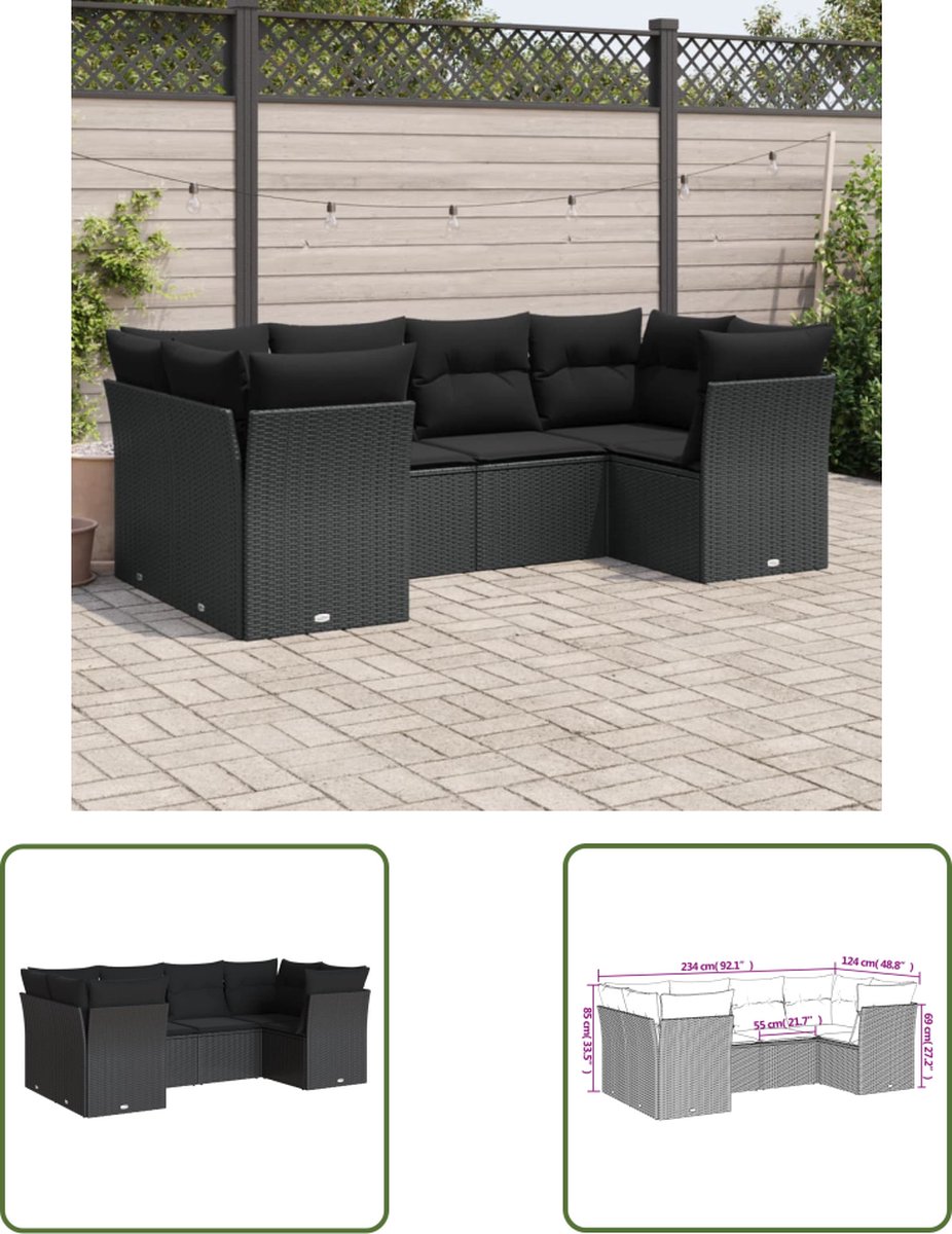 The Living Store 6-delige Loungeset met kussens poly rattan zwart - Tuinmeubels - Lounge Set - Tuinset - Buitendecoratie - Outdoor Furniture