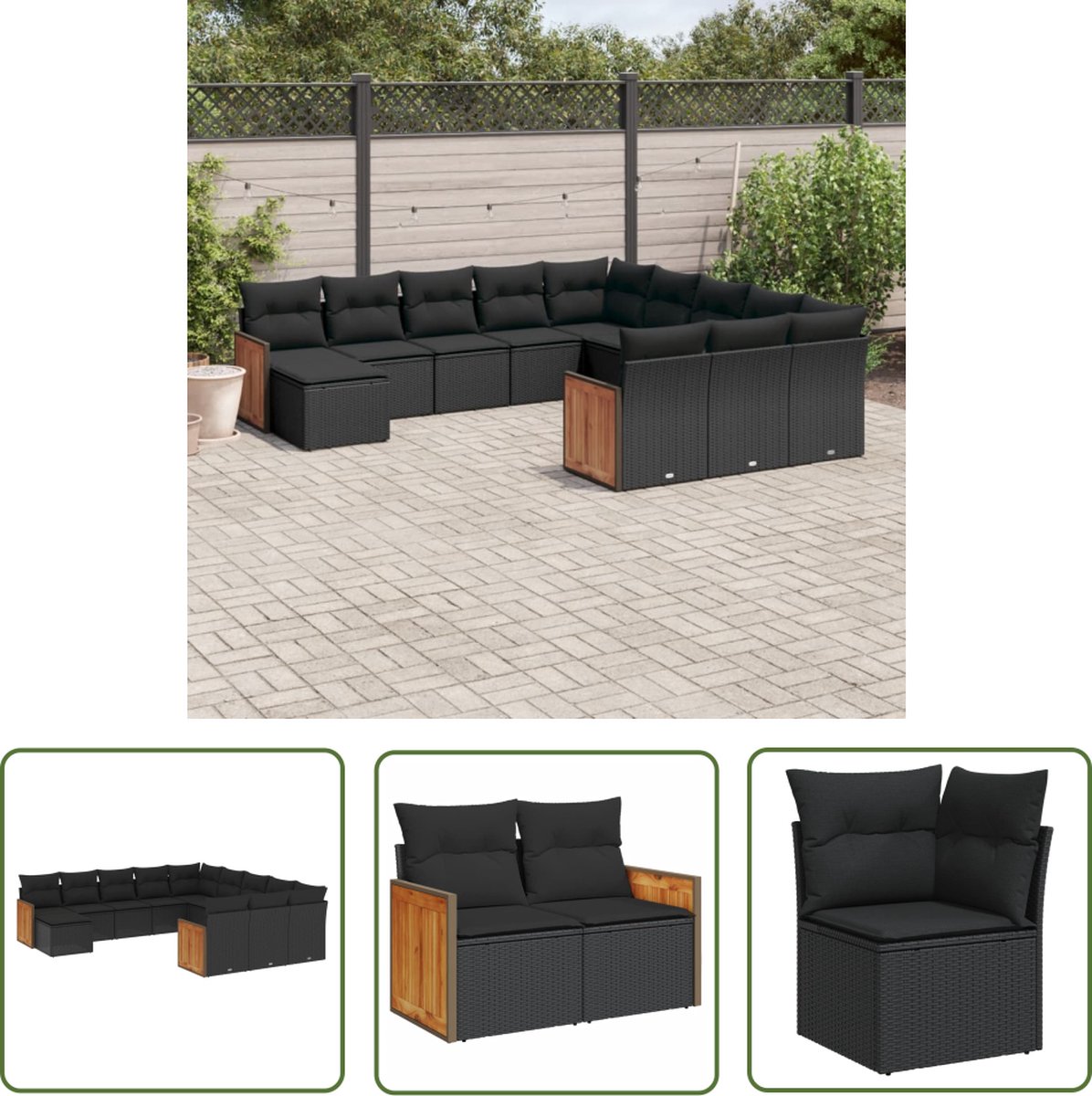 The Living Store 12-delige Loungeset met kussens poly rattan zwart - Loungeset - Lounge Set - Buitendecoratie - Tuinmeubels - Outdoor Furniture