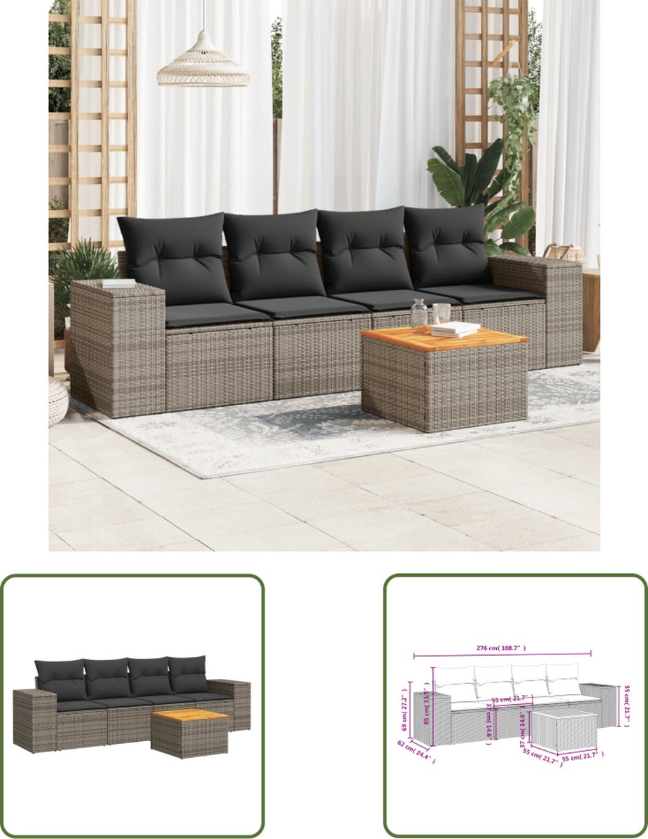 The Living Store 5-delige Loungeset met kussens poly rattan grijs - Loungeset - Lounge Set - Buitendiner - Tuinlounge - Terrassenstoel