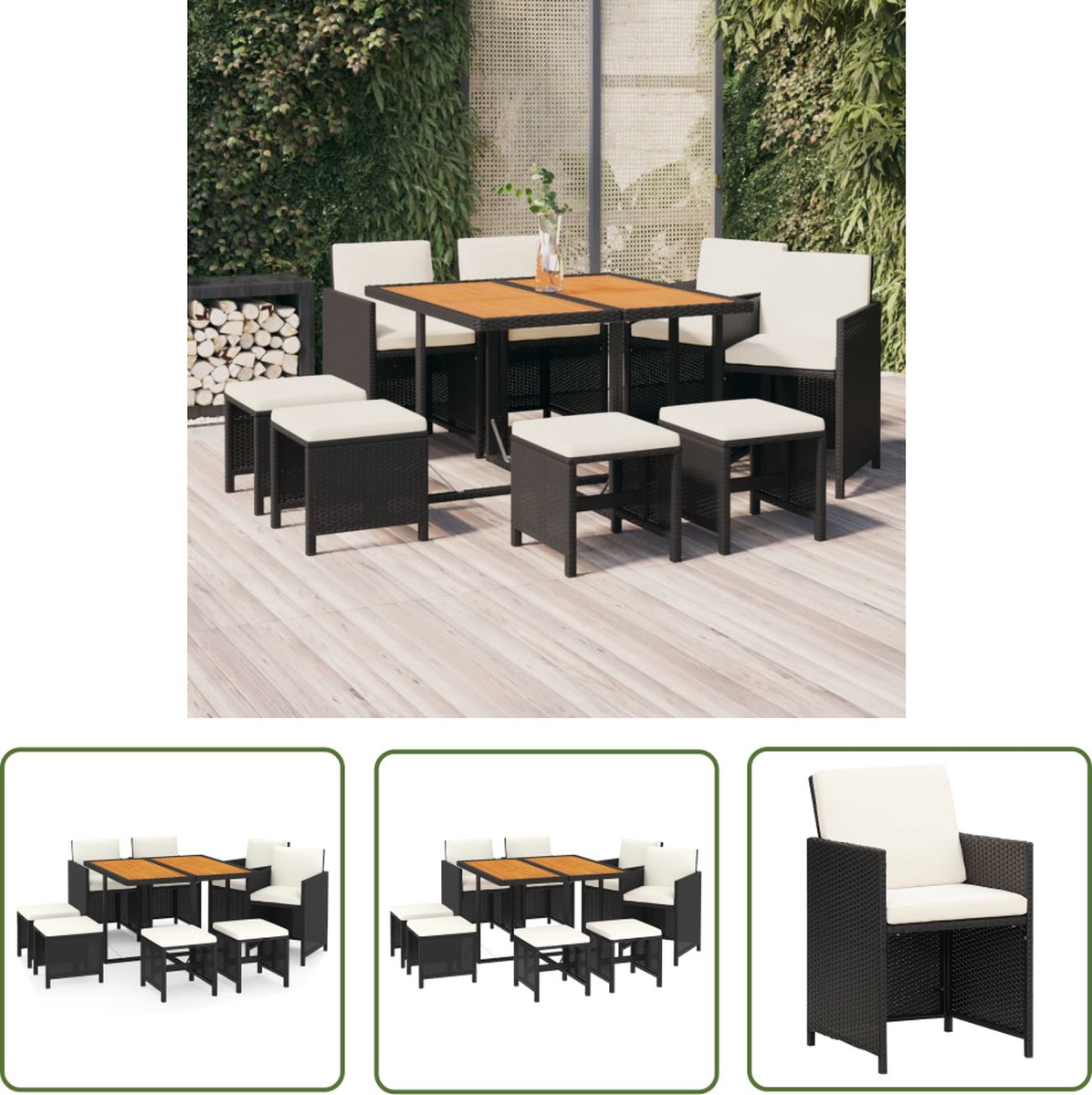 The Living Store 9-delige Tuinset met kussens poly rattan zwart - Loungeset - Eetkamerset - Buitenshuis - Tuinmeubel - Lounge