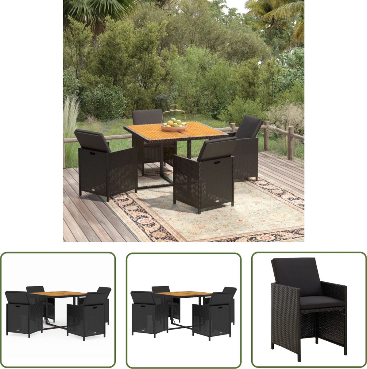 Zwarte poly rattan tuinset met kussens voor buiten - The Living Store.