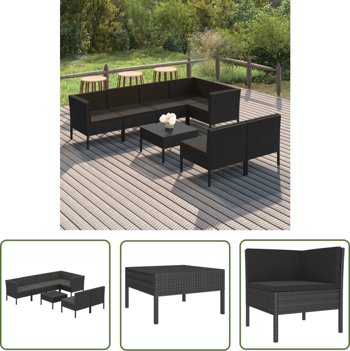 The Living Store 8-delige Loungeset met kussens poly rattan zwart - Loungestoel - Tuinset - Buitendining - Loungebank - Garden Furniture