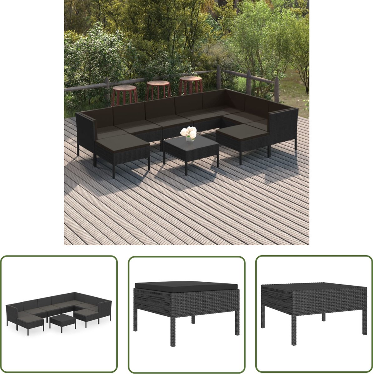 Poly rattan loungeset in black with cushions - Outdoor furniture set.