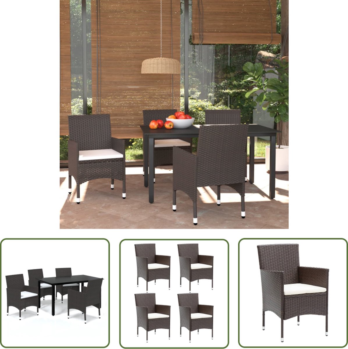 The Living Store 5-delige Tuinset met kussens poly rattan bruin - Tuinstoel - Tuinset - Buitentijd - Lounge Set - Terrassenset