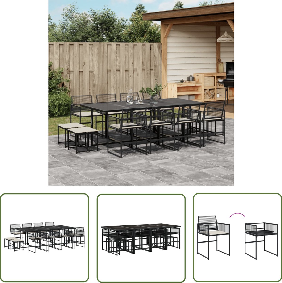 Zwarte poly rattan tuinset met kussens voor buiten - The Living Store.