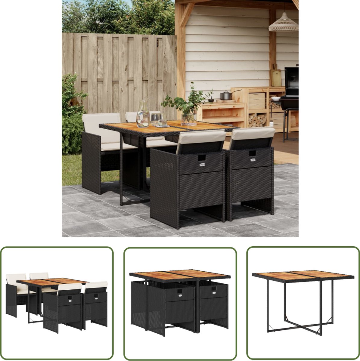 The Living Store 5-delige Tuinset met kussens poly rattan zwart - Tuinset - Buitentafel - Eetkamerset - Lounge Set - Patio Set