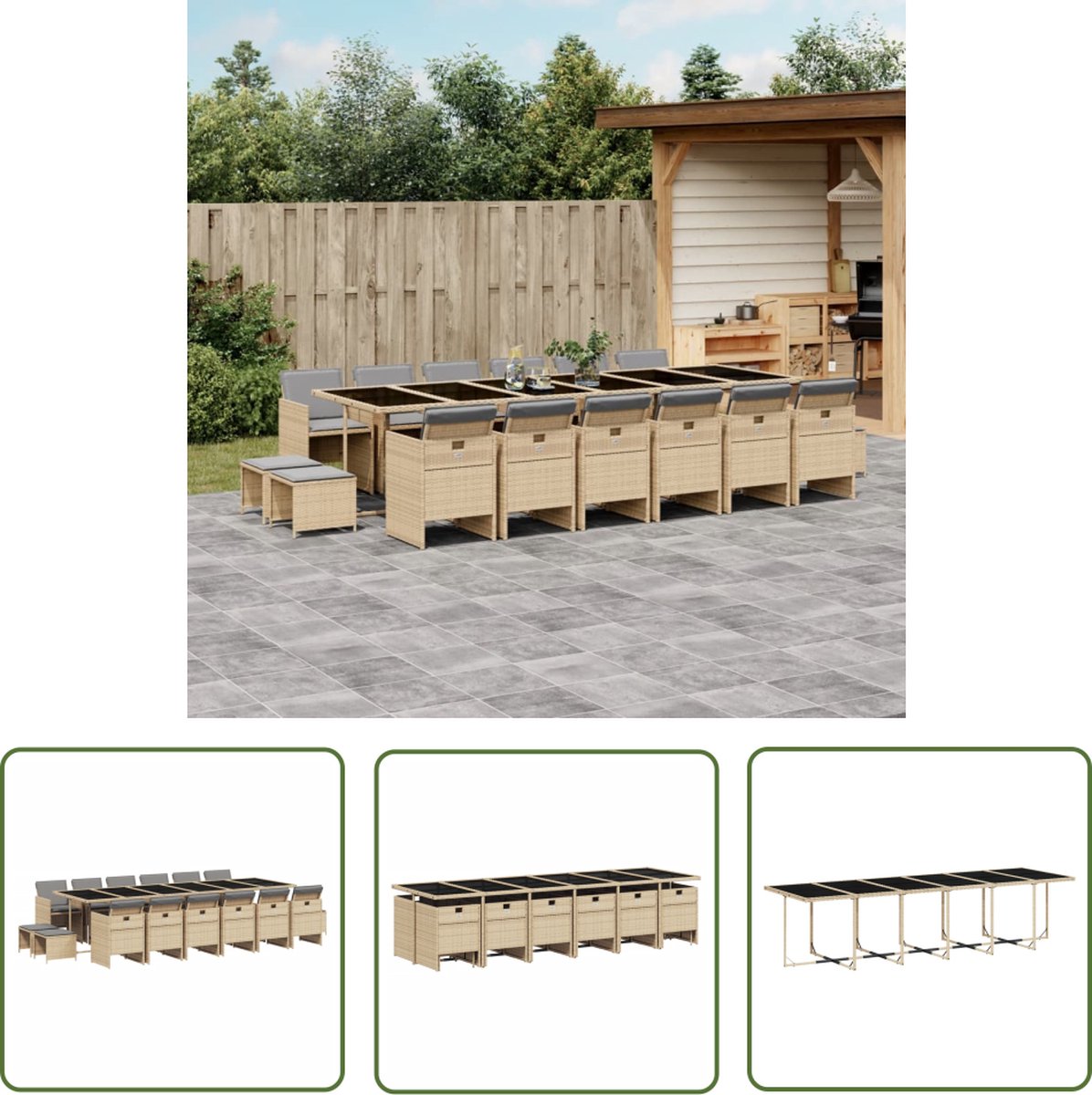 The Living Store 17-delige Tuinset met kussens poly rattan gemengd beige - Tuinset - Buitentafel - Lounge Set - Eetkamerset - Patio Furniture