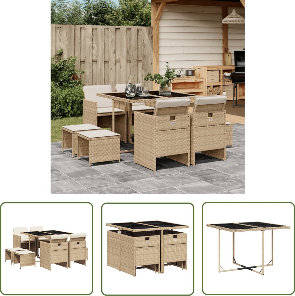 Tuinset met beige poly rattan kussens en eettafel - Buitendecoratie.