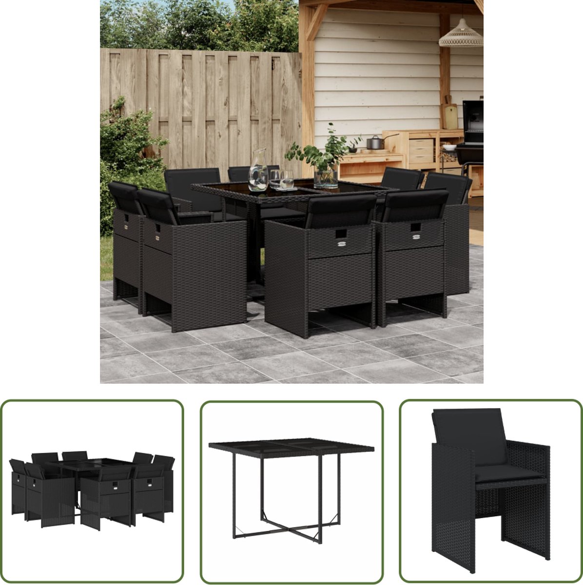 Zwarte poly rattan tuinset voor 8 personen - The Living Store.