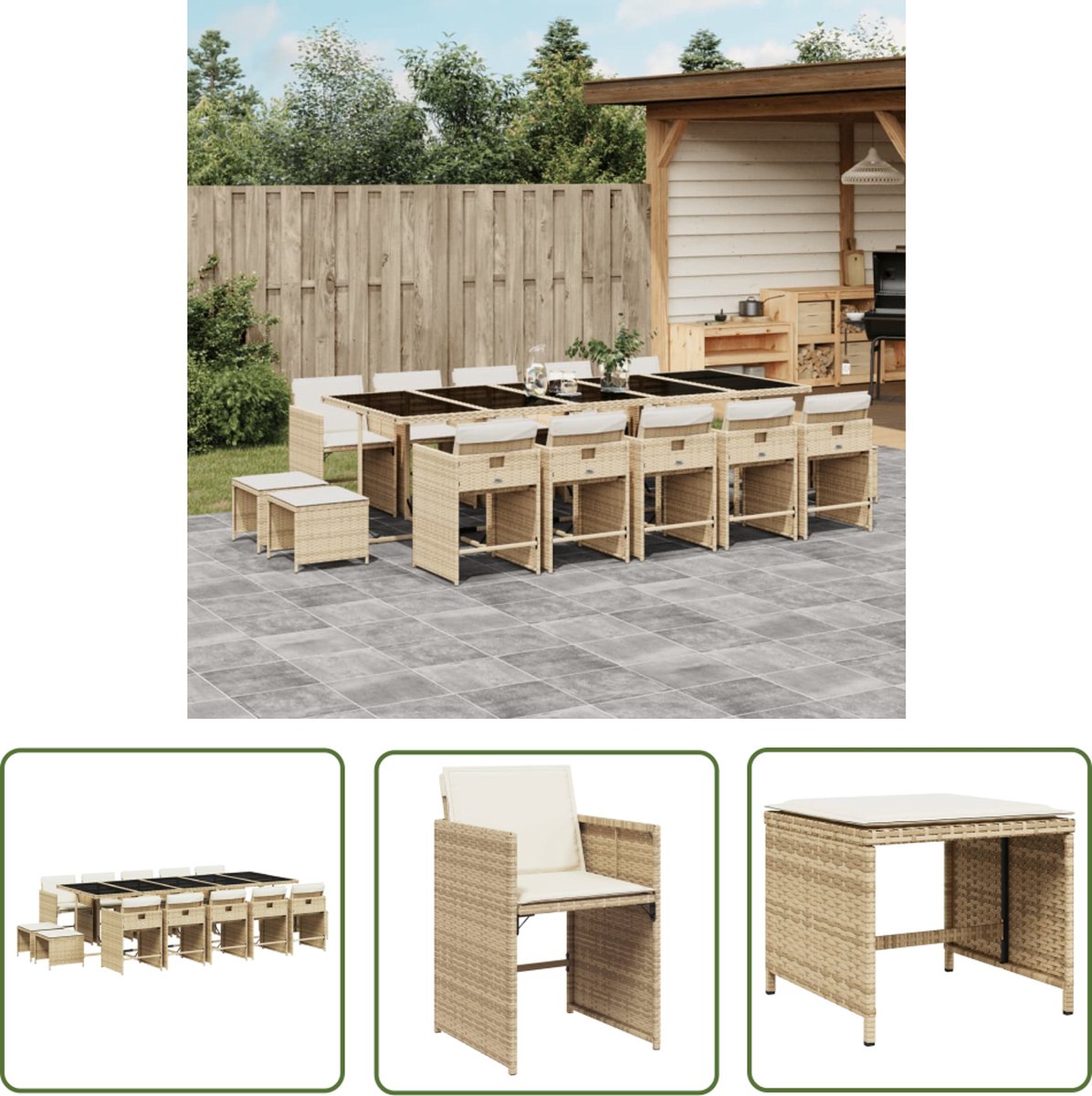 The Living Store 15-delige Tuinset met kussens poly rattan beige - Tuinset - Buitendecoratie - Lounge Set - Eetkamerset - Patio Furniture
