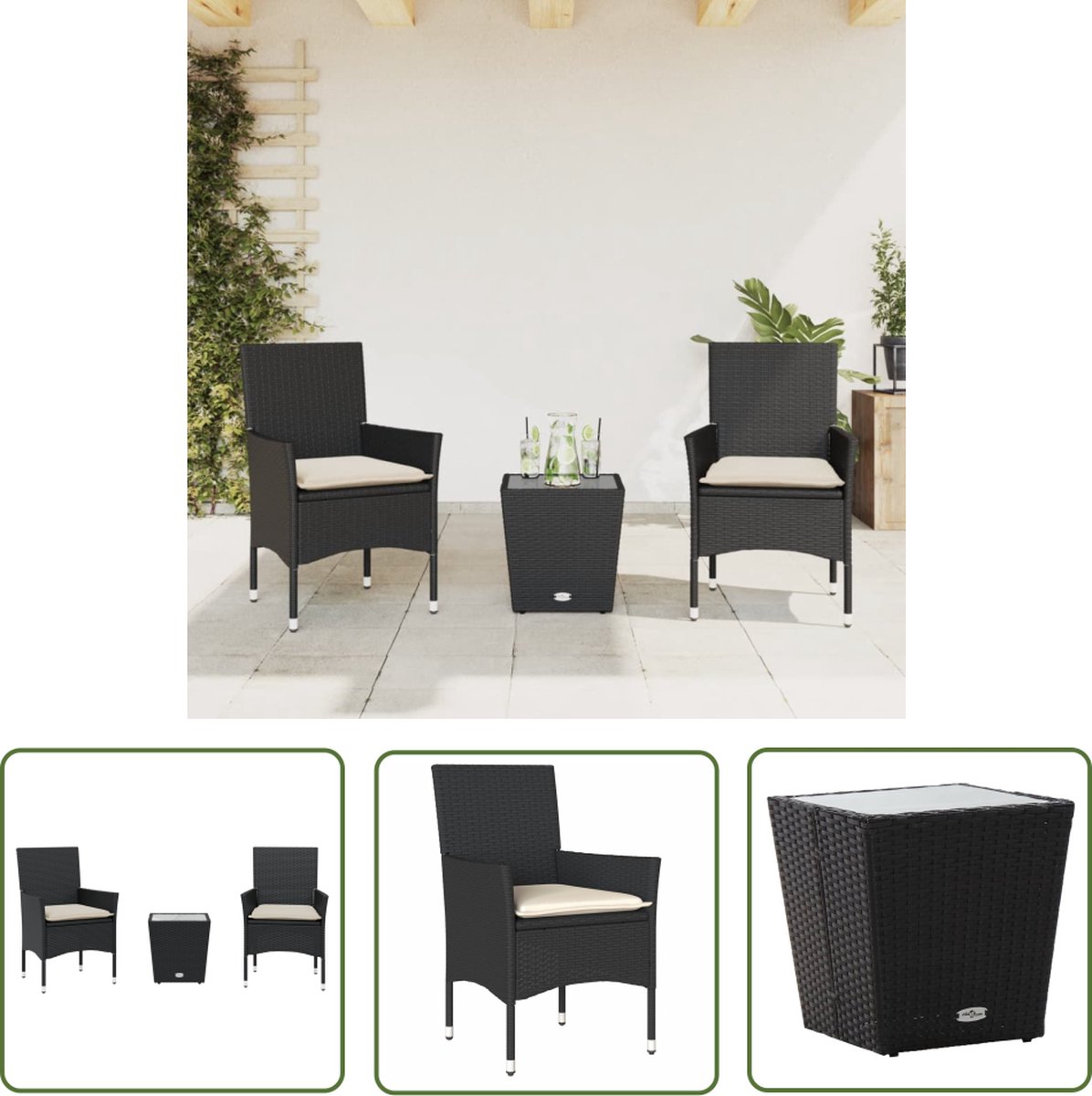 The Living Store 3-delige Bistroset met kussens poly rattan en glas zwart - Tuinstoelen - Tuinset - Buis Meubel - Outdoor Furniture - Lounge Set