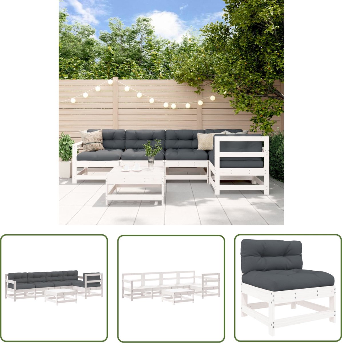 The Living Store 6-delige Loungeset met kussens massief hout wit - Loungeset - Tuinlounge - Lounge Stoel - Teak Tafel - Outdoor Furniture